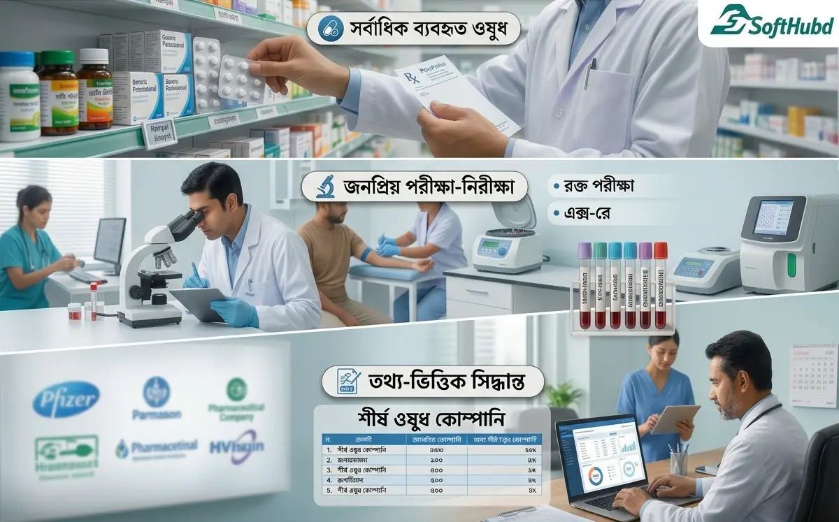 A picture of medicines, tests, and company counts. The numbers in the picture are a sample.